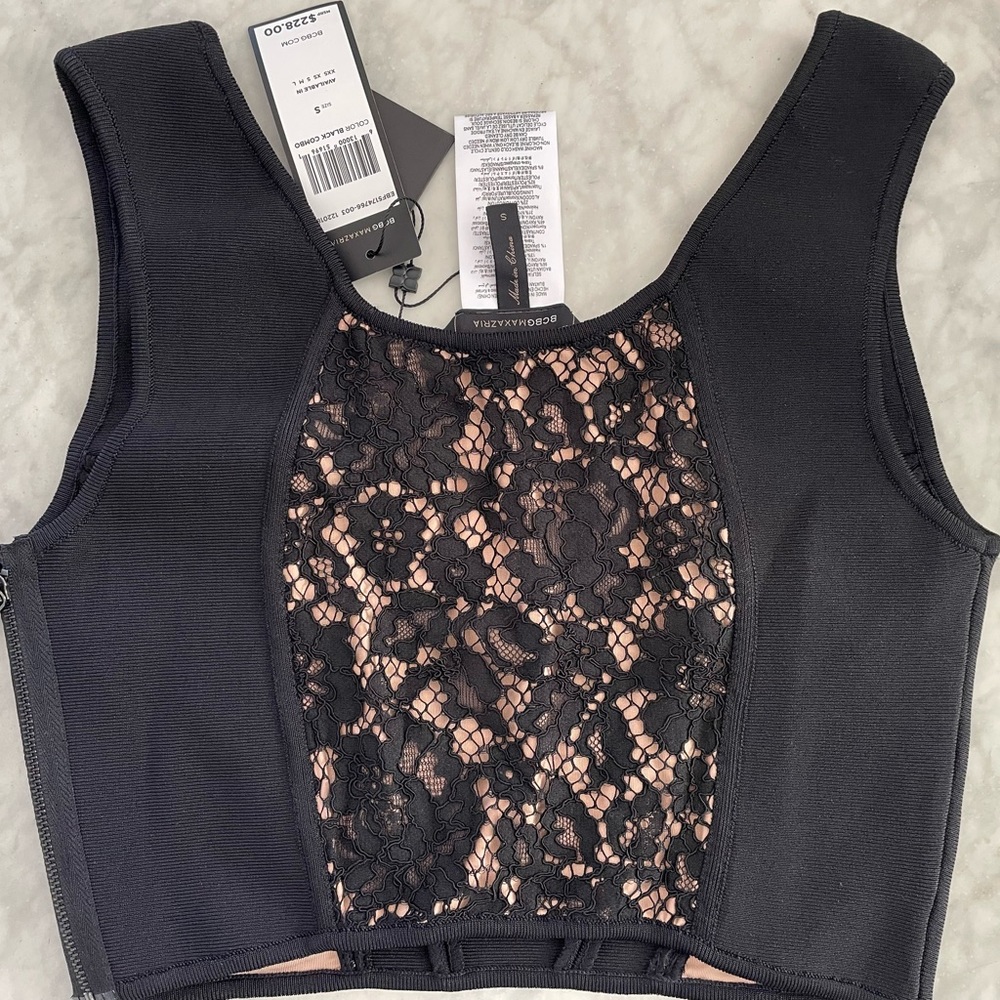 BCBG MAXAZARIA BLACK CROP TOP SZ SMALL S LACE LINED ZIPPER NEW HOLIDAY PARTY